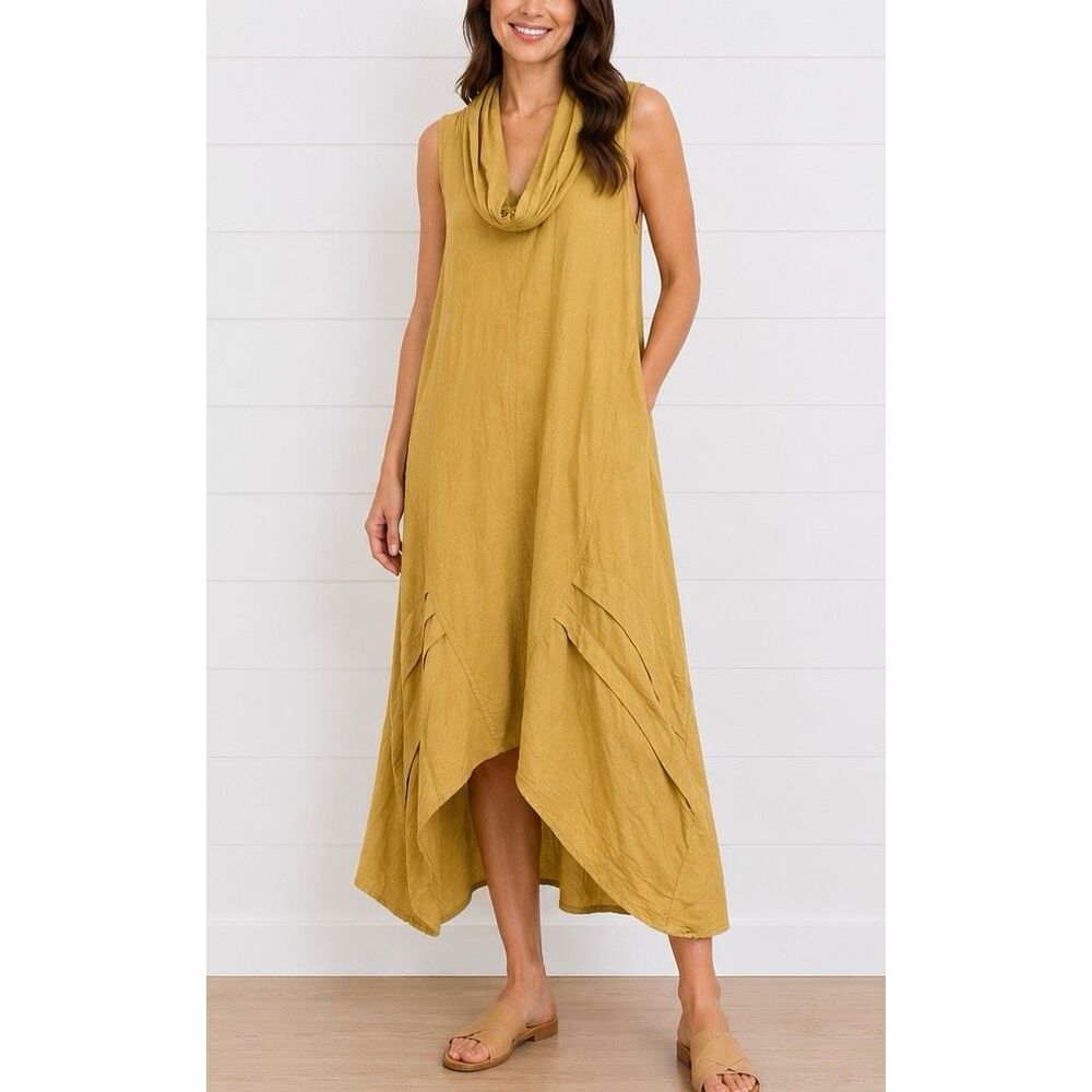 For Cynthia linen mustard cowl neck midi dress size M